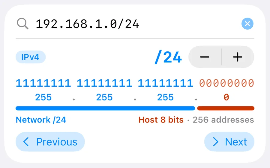 The binary mask picker: 192.168.1.0/24 shown as 24 blue network bits and 8 orange host bits above 255.255.255.0
