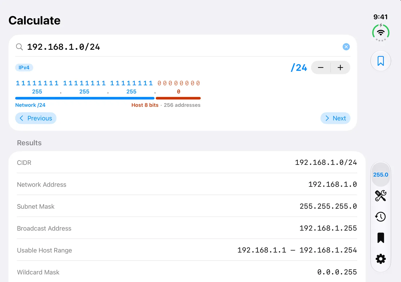 Subnet Plus on iPhone Duo unfolded: Calculate with the binary mask picker on the wide inner display