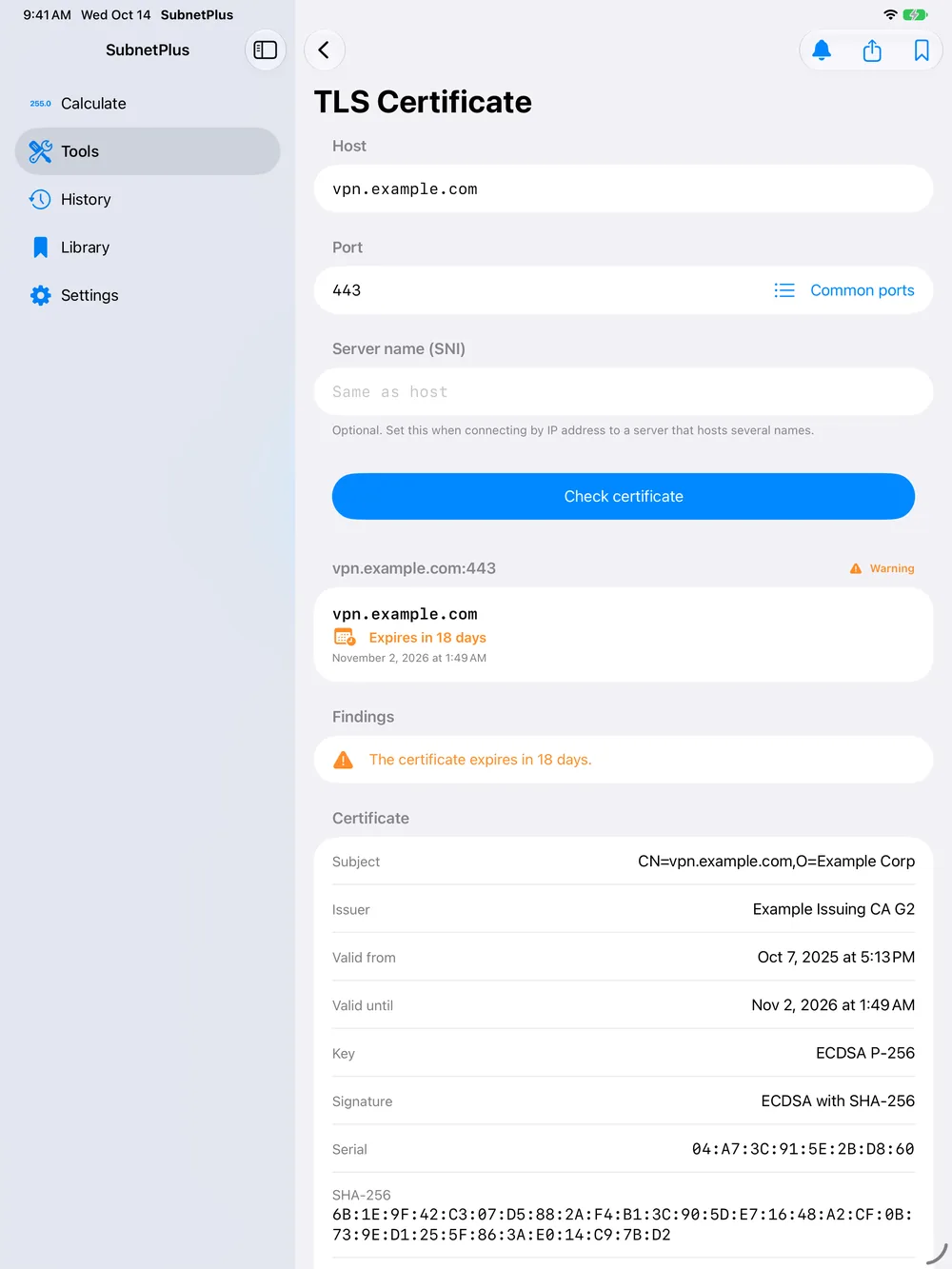 Subnet Plus on iPad: TLS certificate check