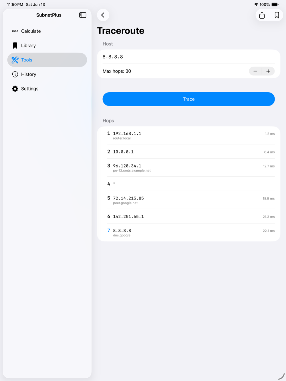 Subnet Plus on iPad — traceroute