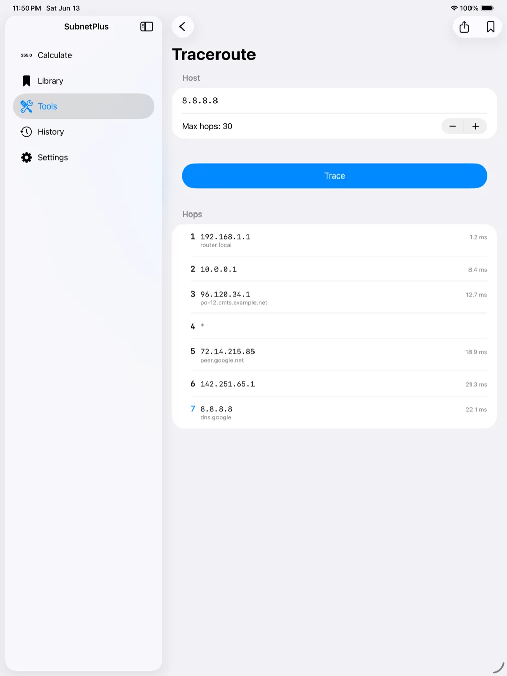 Subnet Plus en iPad — traceroute