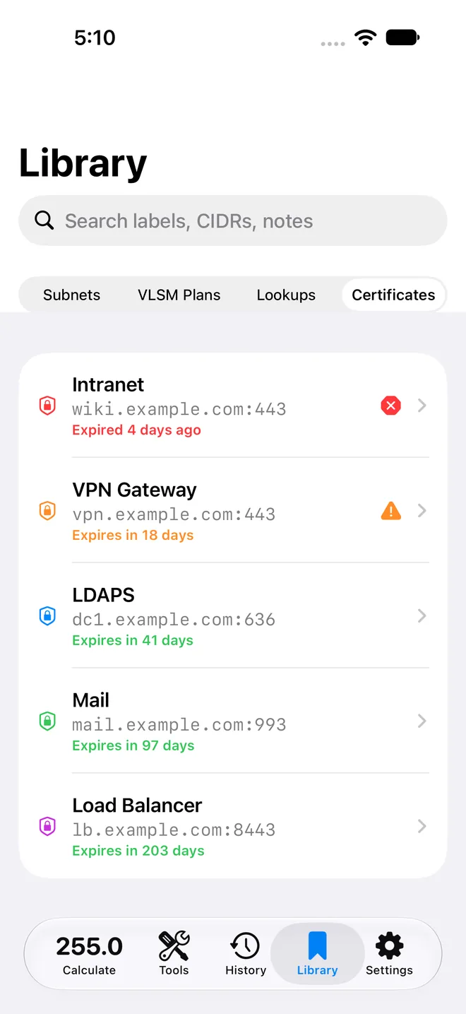 Certificate watchlist in the Library on iPhone