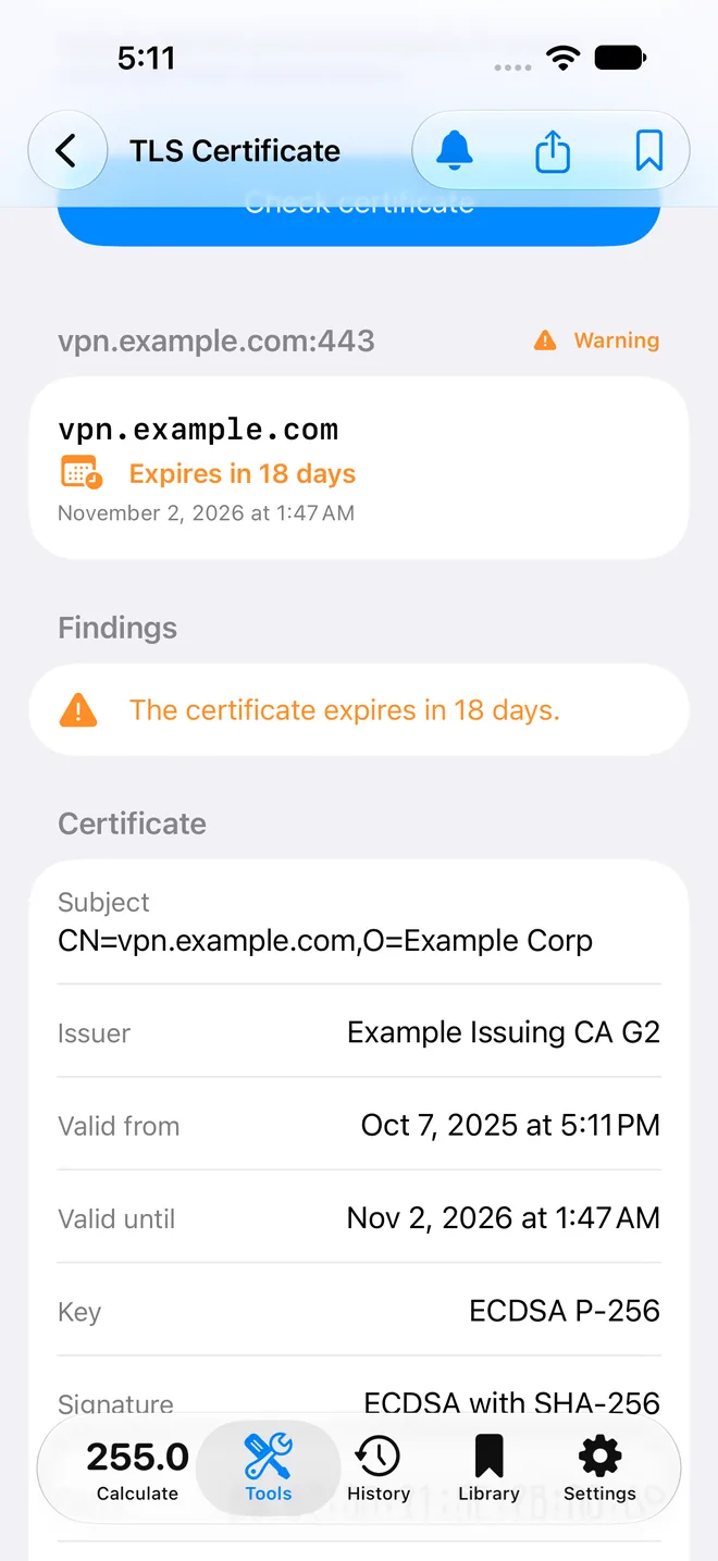 Subnet Plus on iPhone: TLS certificate check