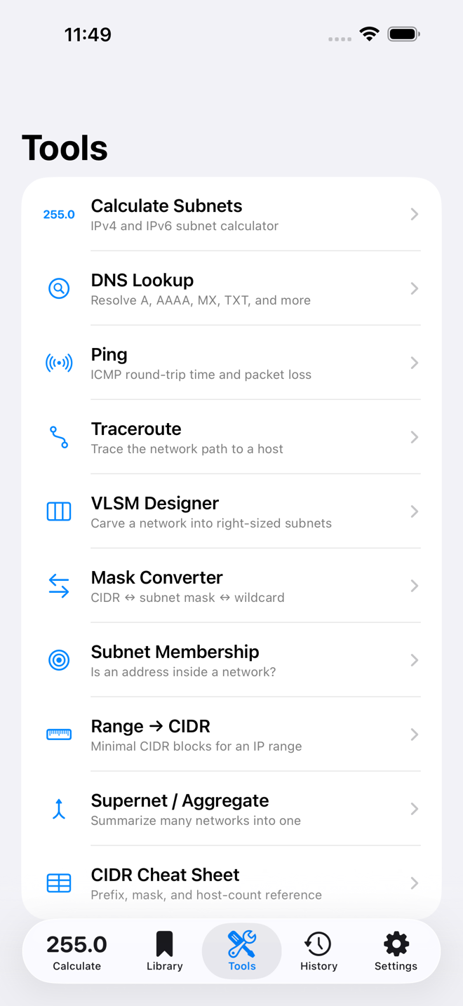 Subnet Plus tools menu